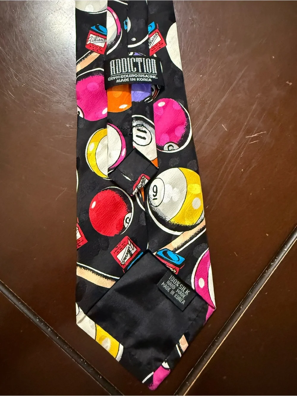 Addiction Silk Tie with Black Base and Bright Pool-Game Motif